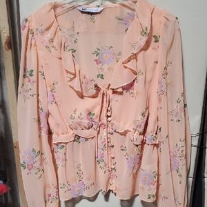 SO Peach Floral Blouse with Ruffle Detail